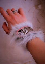 Black and  white Python  with pink  River Snake skin  and gray fur  sheep skin  bracelet