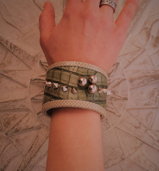 Green Crocodile  and River Snake skin  bracelet with Silver Details