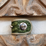 Green Crocodile  and River Snake skin  bracelet with Silver Details
